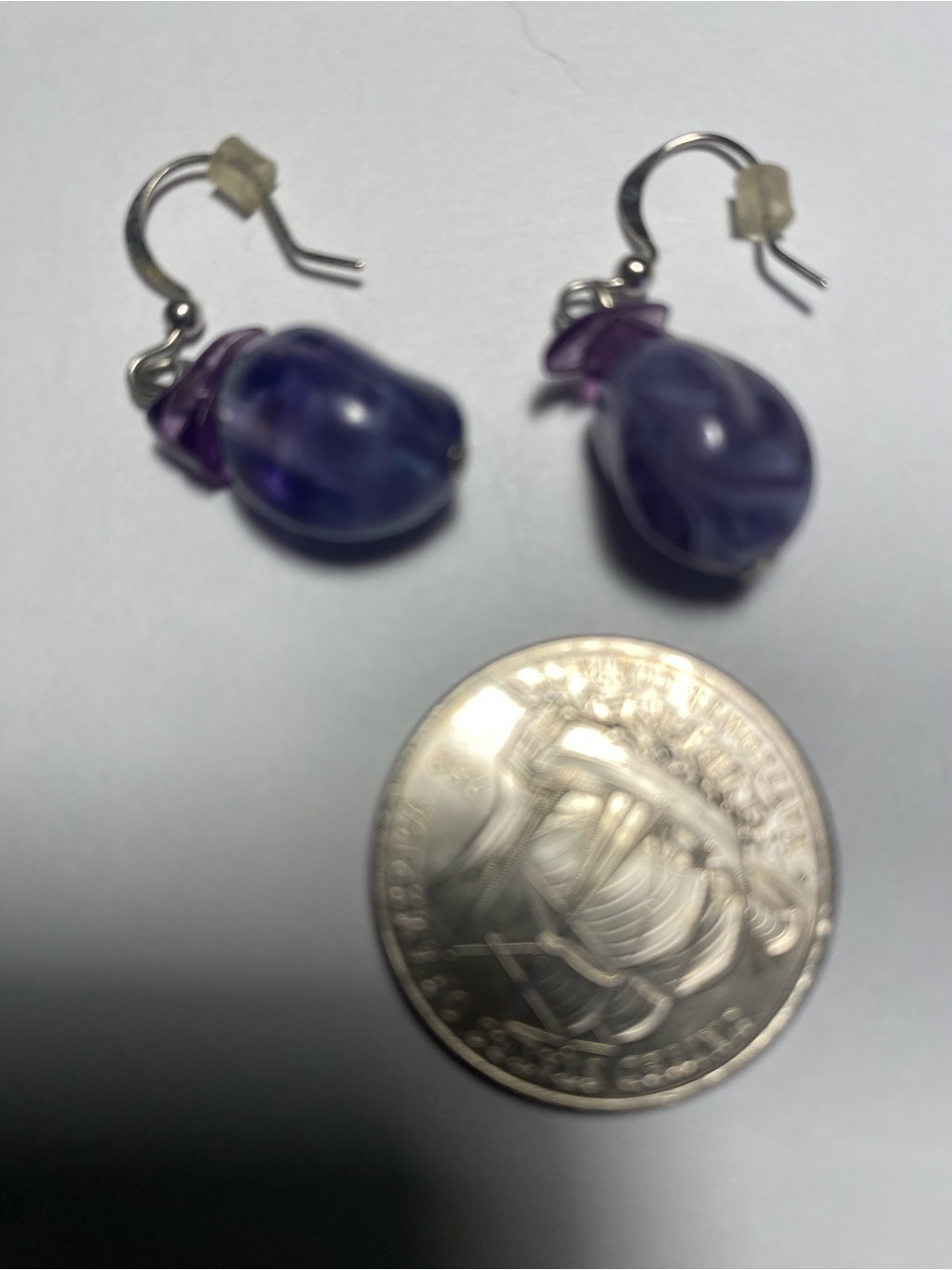 Purple Glass Drop Earrings with Silver Hooks